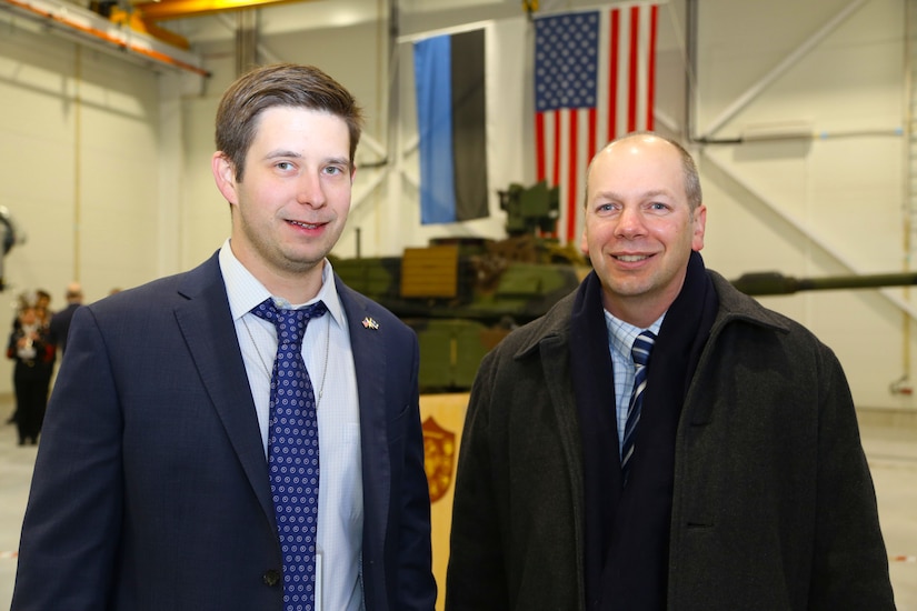 Chris Bailey, left, the U.S. Army Corps of Engineers Europe district project engineer in Estonia, takes part in a ceremony marking the completion of 27 European Reassurance Initiative projects for U.S. Army Europe at Tapa Military Base in Estonia, Dec. 15, 2016. The projects are designed to support training and readiness of NATO, U.S. and Estonian forces. U.S. Army Corps of Engineers Europe photo by Jennifer Aldridge