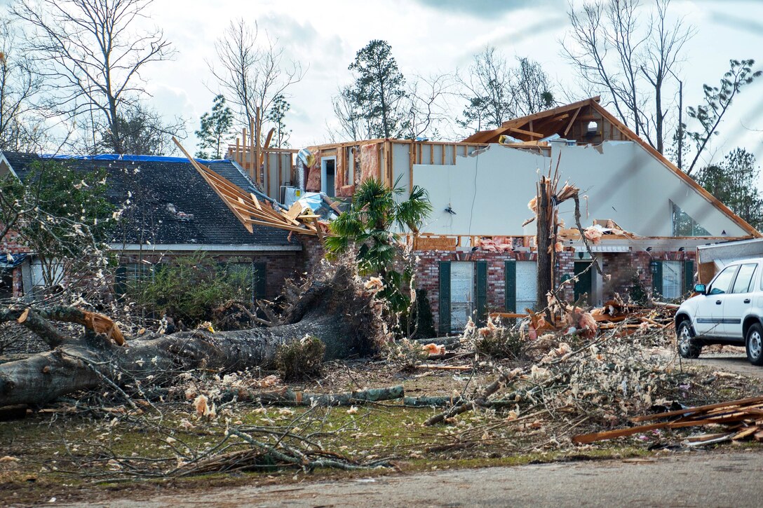 A home in Hattiesburg, Miss., shows signs of the devastation caused by a recent tornado, Jan. 26, 2017. Mississippi National Guard soldiers were assisting with disaster relief efforts Army National Guard photo by Staff Sgt. Tim Morgan