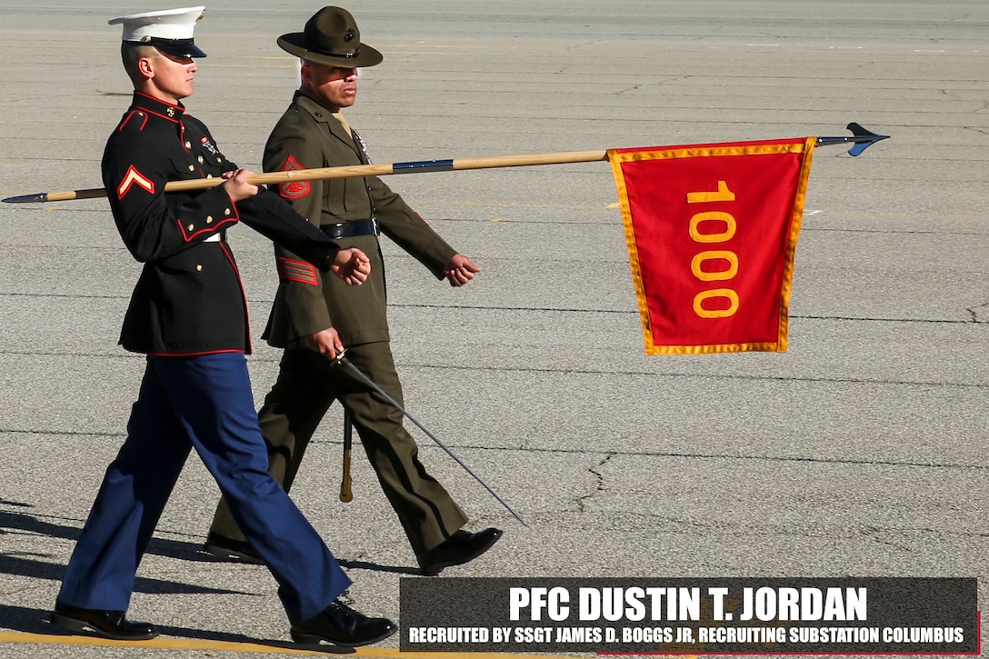 Private First Class Dustin T. Jordan partakes in the pass and review portion of graduation aboard Marine Corps Recruit Depot Parris Island, South Carolina, Jan. 27, 2017. Jordan is the Honor Graduate of platoon 1000. Jordan was recruited by Staff Sgt. James D. Boggs Jr. from Recruiting Substation Columbus. (U.S. Marine Corps photo by Lance Cpl. Jack A. E. Rigsby/Released)