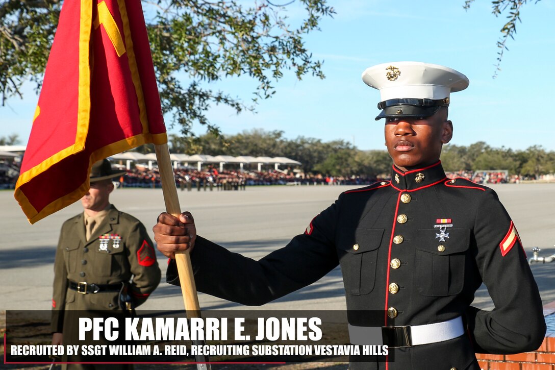 Private First Class Kamarri E. Jones stands at parade rest before his graduation ceremony aboard Marine Corps Recruit Depot Parris Island, South Carolina, Jan. 27, 2017. Jones is the Honor Graduate of platoon 1001. Jones was recruited by Staff Sgt. William A. Reid from Recruiting Substation Vestavia Hills. (U.S. Marine Corps photo by Lance Cpl. Jack A. E. Rigsby/Released)