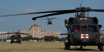 Soldiers from Company C, 2nd Battalion, 227th Aviation Regiment, 1st Air Cavalry Brigade, 1st Cavalry Division arrived in five helicopters – four Hueys and a Chinook – from Fort Hood, Texas, Jan. 19 and landed on the MacArthur Parade Field at Joint Base San Antonio-Fort Sam Houston and proceeded to the U.S. Army Medical Department Museum for a tour.