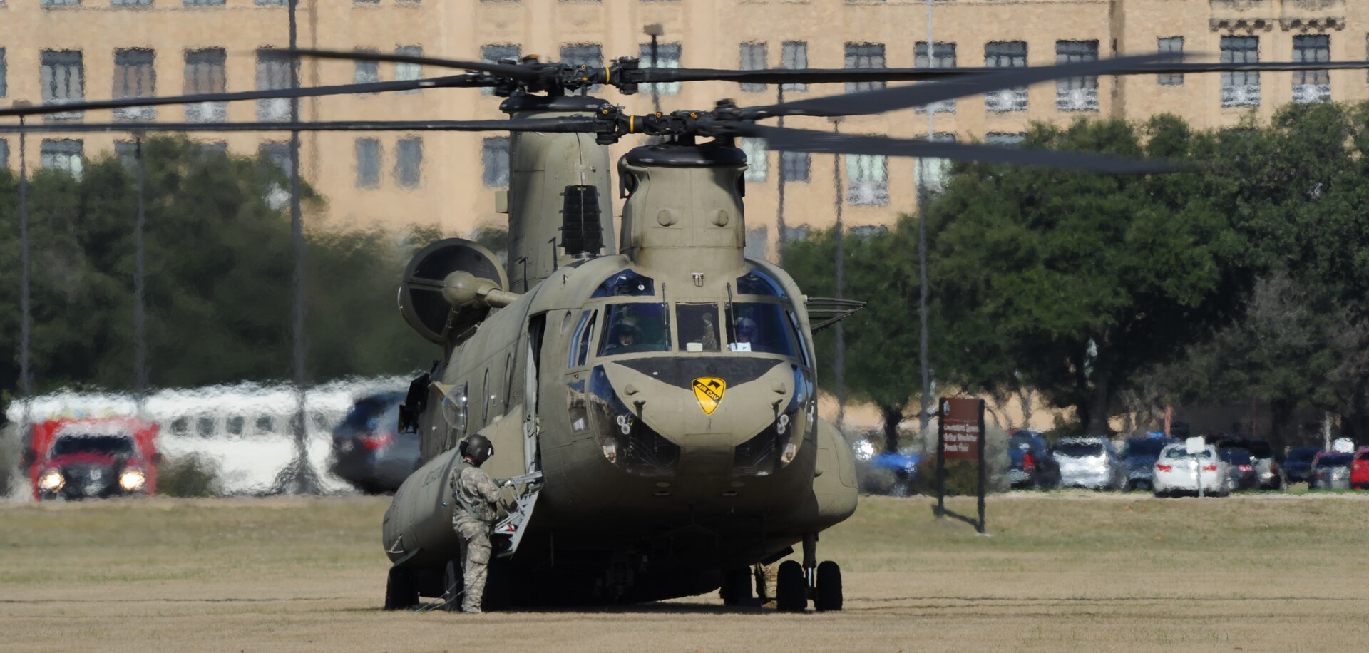 Soldiers from Company C, 2nd Battalion, 227th Aviation Regiment, 1st Air Cavalry Brigade, 1st Cavalry Division arrived in five helicopters – four Hueys and a Chinook – from Fort Hood, Texas, Jan. 19 and landed on the MacArthur Parade Field at Joint Base San Antonio-Fort Sam Houston and proceeded to the U.S. Army Medical Department Museum for a tour.