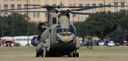 Soldiers from Company C, 2nd Battalion, 227th Aviation Regiment, 1st Air Cavalry Brigade, 1st Cavalry Division arrived in five helicopters – four Hueys and a Chinook – from Fort Hood, Texas, Jan. 19 and landed on the MacArthur Parade Field at Joint Base San Antonio-Fort Sam Houston and proceeded to the U.S. Army Medical Department Museum for a tour.