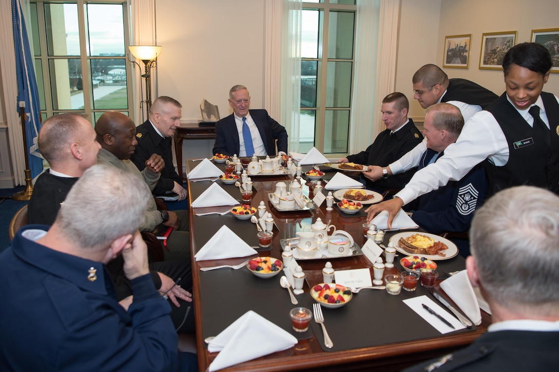 Defense Secretary Jim Mattis speaks with the senior enlisted leaders of the armed forces during a working breakfast at the Pentagon, Jan. 27, 2017. DoD photo by Army Sgt. Amber I. Smith