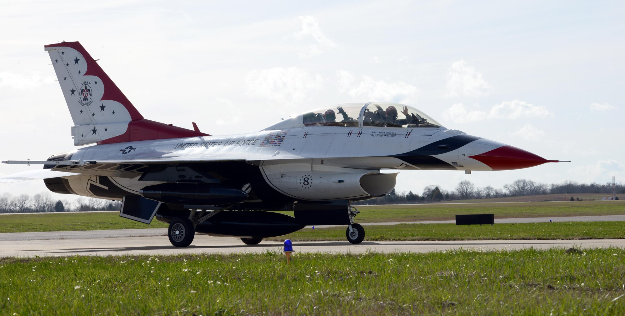 An F-16D Thunderbird jet arrives on Dannelly Field at the Montgomery Regional Airport, Jan. 25, 2017. As Capt. Erik Gonsalves, U.S. Air Force Thunderbird pilot, arrived, he conducted a flight survey of Maxwell Air Force Base and the surrounding area for the upcoming Air Show in April. (U.S. Air Force photo/Senior Airman Tammie Ramsouer)