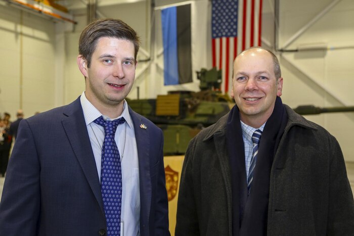 Chris Bailey, left, the U.S. Army Corps of Engineers Europe district project engineer in Estonia, takes part in a ceremony marking the completion of 27 European Reassurance Initiative projects for U.S. Army Europe at Tapa Military Base in Estonia, Dec. 15, 2016. The projects are designed to support training and readiness of NATO, U.S. and Estonian forces. U.S. Army Corps of Engineers Europe photo by Jennifer Aldridge