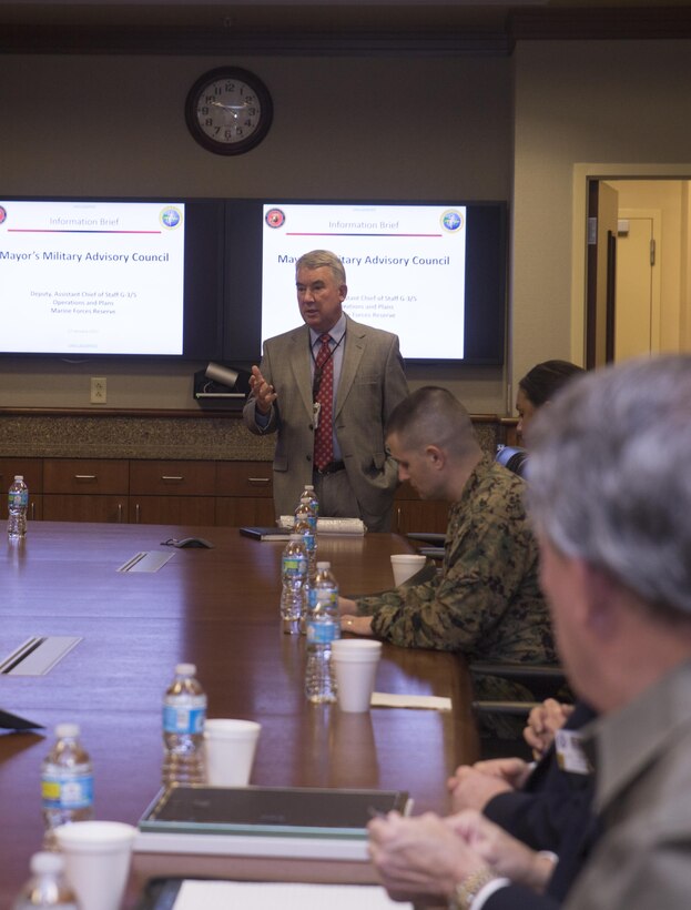 Retired Marine Corps Maj. Gen. David Mize, the chairman of the New Orleans Mayor’s Military Advisory Council, speaks to council members and Marines with Marine Forces Reserve during an information brief for the council at Marine Corps Support Facility New Orleans, Jan. 27, 2017. During the brief, the council members learned about MARFORRES and MARFORNORTH and the relationship Reserve Marines have with New Orleans and communities around the country. (U.S. Marine Corps photo by Sgt. Ian Leones)