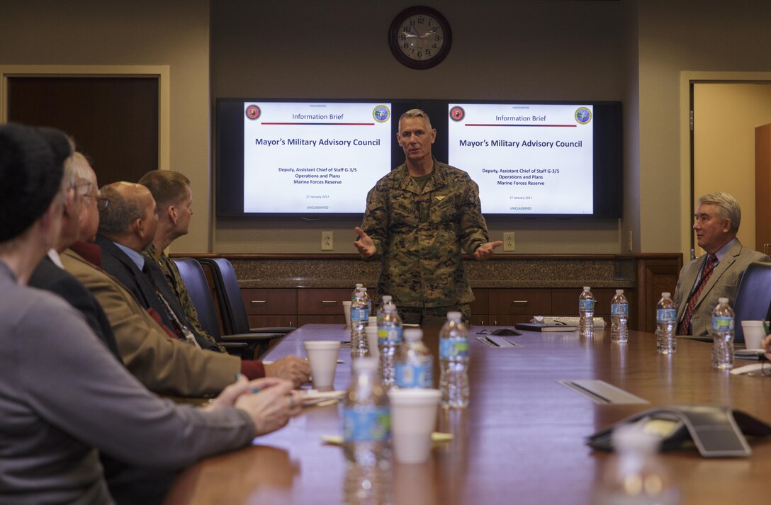 Lt. Gen. Rex C. McMillian, commander of Marine Forces Reserve and Marine Forces North, speaks during an information brief for the New Orleans Mayor’s Military Advisory Council at Marine Corps Support Facility New Orleans, Jan. 27, 2017. During the brief, the council members learned about MARFORRES and MARFORNORTH and the relationship Reserve Marines have with New Orleans and communities around the country. (U.S. Marine Corps photo by Sgt. Ian Leones)
