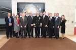 U.S. Navy Vice Adm. Charles “Chas” A. Richard (center), deputy commander of U.S. Strategic Command (USSTRATCOM); Dr. Hank Bounds (fourth from right), president of University of Nebraska; John Christensen (fourth from left), chancellor of the University of Nebraska at Omaha (UNO); Dr. Lou Pol (third from left), dean of UNO College of Business; and Dr. Hesham H. Ali (left), dean of UNO College of Information Science and Technology, attend the 2017 USSTRATCOM Strategic Leadership Fellows Program kickoff along with fellows program participants at UNO’s Mammel Hall, Jan. 20, 2017. The fellows program is designed to develop high-potential civilian leaders in support of USSTRATCOM organizational transformation, broaden mission awareness and develop leadership skills. One of nine DoD unified combatant commands, USSTRATCOM has global strategic missions assigned through the Unified Command Plan that include strategic deterrence; space operations; cyberspace operations; joint electronic warfare; global strike; missile defense; intelligence, surveillance and reconnaissance; and analysis and targeting. 