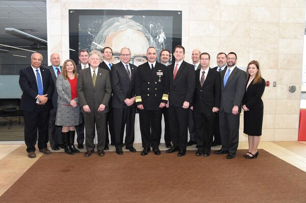U.S. Navy Vice Adm. Charles “Chas” A. Richard (center), deputy commander of U.S. Strategic Command (USSTRATCOM); Dr. Hank Bounds (fourth from right), president of University of Nebraska; John Christensen (fourth from left), chancellor of the University of Nebraska at Omaha (UNO); Dr. Lou Pol (third from left), dean of UNO College of Business; and Dr. Hesham H. Ali (left), dean of UNO College of Information Science and Technology, attend the 2017 USSTRATCOM Strategic Leadership Fellows Program kickoff along with fellows program participants at UNO’s Mammel Hall, Jan. 20, 2017. The fellows program is designed to develop high-potential civilian leaders in support of USSTRATCOM organizational transformation, broaden mission awareness and develop leadership skills. One of nine DoD unified combatant commands, USSTRATCOM has global strategic missions assigned through the Unified Command Plan that include strategic deterrence; space operations; cyberspace operations; joint electronic warfare; global strike; missile defense; intelligence, surveillance and reconnaissance; and analysis and targeting. 