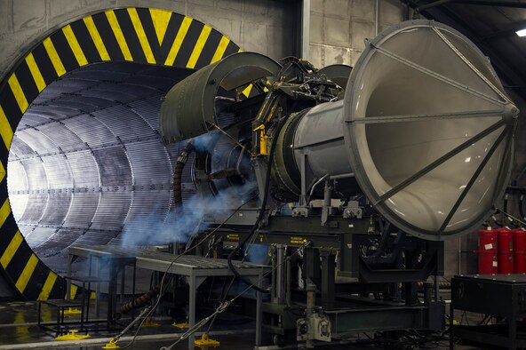 A TF-34 engine gets cleaned prior to an engine run in the newly upgraded “Hush Hush 1,” Jan. 23, 2017, at Moody Air Force Base, Ga. Hush House 1’s construction was completed in four months and received $300,000 worth of upgrades such as two new storage rooms, a camera system, new communication system and a modern electrical system brought to standard building codes. (U.S. Air Force photo by Airman 1st Class Greg Nash)   