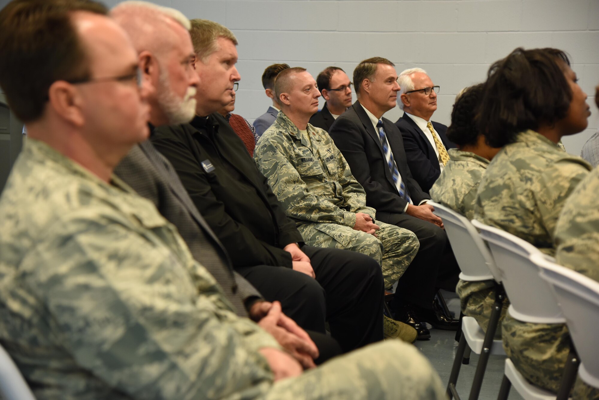 Chaplain (Maj.) Mark Williams, 81st Training Wing chaplain, listens to a briefing at the Larcher Chapel during a Clergy Day event Jan. 26, 2017, on Keesler Air Force Base, Miss. Local religious organizations visited Keesler to build a stronger relationship with members of the 81st TRW Chapel. The event included lunch, a tour of the Fishbowl inside the Levitow Training Support Facility and the Keesler Medical Center. (U.S. Air Force photo by Kemberly Groue)