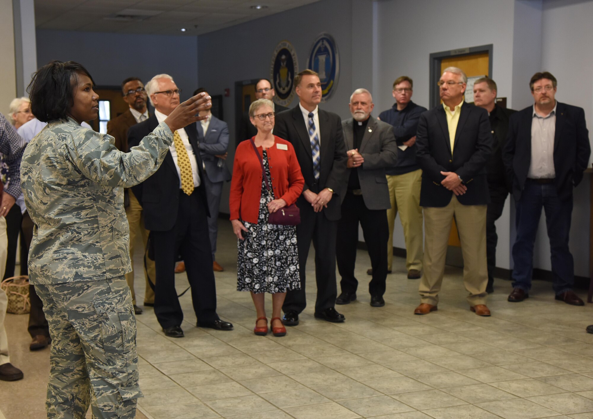 Chaplain (Capt.) Rashaundra Singleton, 81st Training Wing chaplain, provides a tour of the Fishbowl inside the Levitow Training Support Facility during a Clergy Day event Jan. 26, 2017, on Keesler Air Force Base, Miss. Local religious organizations visited Keesler to build a stronger relationship with members of the 81st TRW Chapel. The event also included lunch and a tour of the Keesler Medical Center. (U.S. Air Force photo by Kemberly Groue)