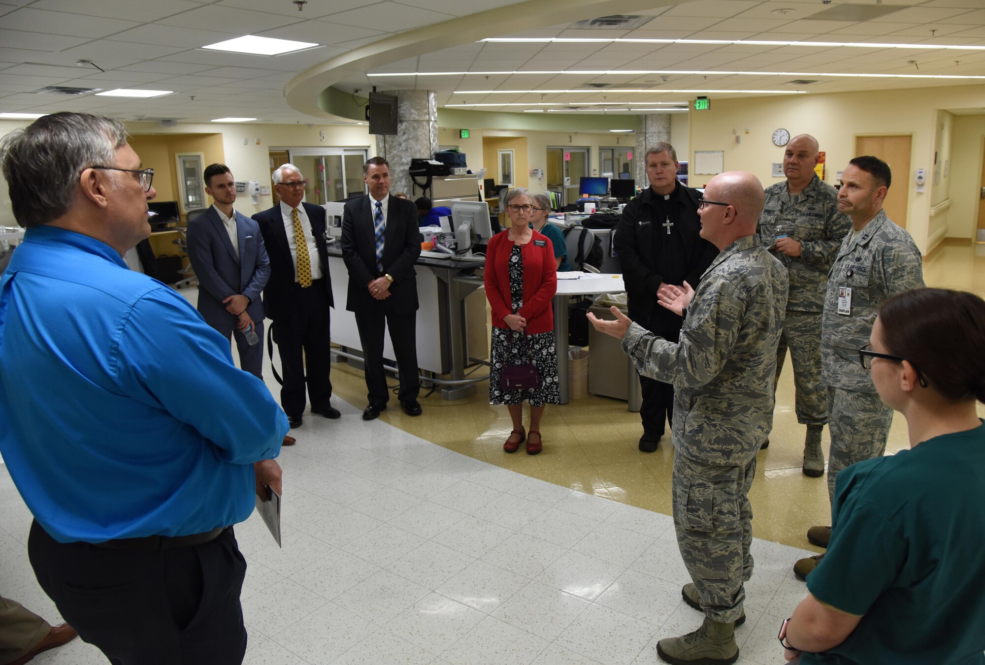 Maj. Erskine Cook, 81st Inpatient Operation Squadron critical care department flight commander, provides a tour of Keesler Medical Center’s intensive care unit during a Clergy Day event Jan. 26, 2017, on Keesler Air Force Base, Miss. Local religious organizations visited Keesler to build a stronger relationship with members of the 81st Training Wing Chapel. The event also included lunch and a tour of the Fishbowl inside the Levitow Training Support Facility. (U.S. Air Force photo by Kemberly Groue)