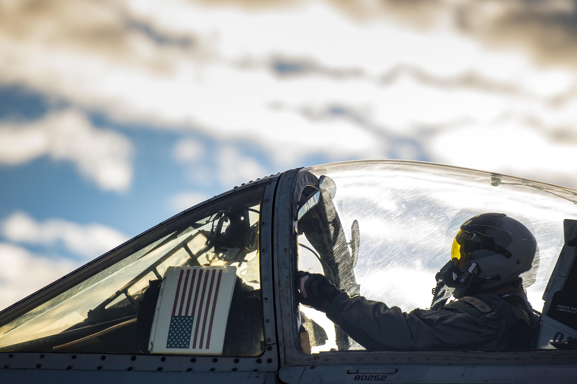 A pilot from the 74th Fighter Squadron waits to take off during Green Flag-West 17-03, Jan. 24, 2017, at Nellis Air Force Base, Nev. The 74th FS brought 12 A-10s to GFW in support of a joint, large-force combat-readiness exercise for close air support integration training. (U.S. Air Force photo by Staff Sgt. Ryan Callaghan