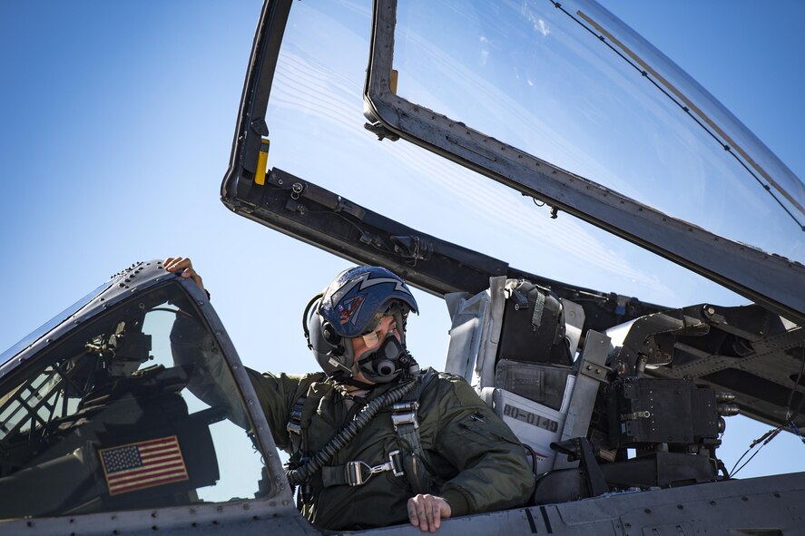 Capt. Sean Griffin, 74th Fighter Squadron A-10C Thunderbolt II pilot, looks back towards his engines prior to a sortie during Green Flag-West 17-03, Jan. 25, 2017, at Nellis Air Force Base, Nev. The 74th FS brought 12 A-10s to GFW in support of a joint, large-force combat-readiness exercise for close air support integration training. (U.S. Air Force photo by Staff Sgt. Ryan Callaghan)