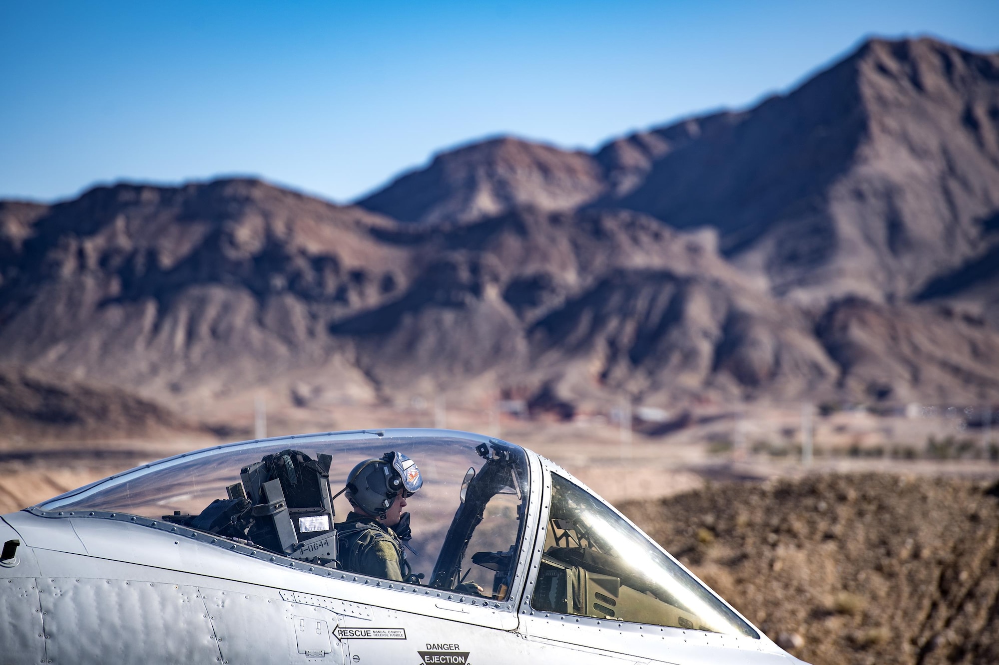 An A-10C Thunderbolt II from the 74th Fighter Squadron taxis down the runway during Green Flag-West 17-03, Jan. 23, 2017, at Nellis Air Force Base, Nev. The 74th FS brought 12 A-10s to GFW in support of a joint, large-force combat-readiness exercise for close air support integration training.(U.S. Air Force photo by Staff Sgt. Ryan Callaghan)