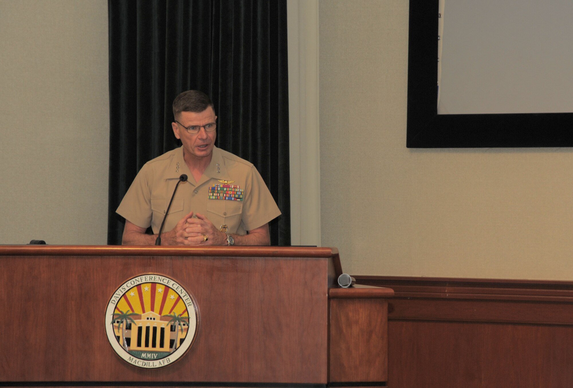 Lt. Gen. William D. Beydler, commander of U.S. Marine Forces, Central Command, gives remarks during a Congressional Gold Medal presentation at MacDill Air Force Base, Fla., Jan. 27, 2017. The medal was awarded posthumously to Pfc. Charles Robert Fountain, a Montford Point Marine who enlisted during World War II. (U.S. Air Force photo by Airman 1st Class Adam R. Shanks)