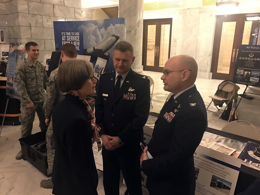 Col. David Dunklee (right), 75th Air Base Wing vice commander, and Col Todd Murphey, 419th Fighter Wing vice commander, speak with Utah State Senator Ann Millner Jan. 26 at the Utah State Capitol Rotunda during the Utah Defense Alliance ‘Meet the Military’ event with the Utah legislature. (U.S. Air Force photo by Donovan Potter)