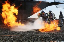 Col. Russell Burton and Sgt. Maj. Charles Metzger work to extinguish a fire during a live fire training event on Marine Corps Air Station New River, N.C., Jan. 19, 2017. There was an estimated 9,000 gallons of water with the Marines during the training. Burton is the air station’s commanding officer. Metzger is the air station’s sergeant major. (U.S. Marine Corps photo by Cpl. Melodie Snarr)