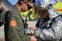 Sgt. Aaron Mack adjusts Cpl. Miguel Avalos’s gear during a live fire training event on Marine Corps Air Station New River, N.C., Jan. 19, 2017. The training used propane and piping to simulate fires on the interior and exterior of an aircraft. Mack is an assistant section leader with Marine Corps Air Station New River’s Aircraft Rescue Firefighting division. Avalos is a rescueman with Marine Corps Air Station New River’s Aircraft Rescue Firefighting division. (U.S. Marine Corps photo by Cpl. Melodie Snarr)