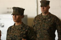 Sgt. Maj. Lynnette Marr-Gaye stands at attention for her relief and appointment ceremony for Marine Light Attack Helicopter Squadron 269 on Marine Corps Air Station New River, N.C., Jan. 13, 2017. Marr-Gaye is assigned to 8th Communication Battalion, II Marine Expeditionary Force Headquarters Group on Marine Corps Base Camp Lejeune, N.C., while Sgt. Maj. Edward Heyward will be replacing her at HMLA-269. (U.S. Marine Corps photo by Lance Cpl. Juan Madrigal/Released)