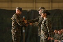 Sgt. Maj. Edward Heyward is appointed to HMLA-269 and Sgt. Maj. Lynnette Marr-Gaye is relieved on Marine Corps Air Station New River, N.C., Jan. 13, 2017. Heyward came from 2nd Air Naval Gunfire Liaison Company, II Marine Expeditionary Force. (U.S. Marine Corps photo by Lance Cpl. Juan Madrigal/Released)