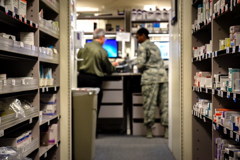 PETERSON AIR FORCE BASE, Colo. – Two 21st Medical Support Squadron pharmacy technicians work together to get prescriptions ready for patients at the pharmacy on Peterson Air Force Base, Colo., Jan. 25, 2017. The pharmacy is just one of the 17 specialty careers in the Biomedical Sciences Corps being recognized during BSC Appreciation Week. (U.S. Air Force photo by Senior Airman Rose Gudex
