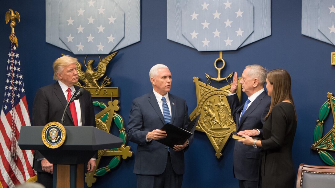 President Donald J. Trump swears in Jim Mattis as the 26th secretary of defense during a ceremony in the Hall of Heroes at the Pentagon, Jan. 27, 2017. DoD photo by Air Force Staff Sgt. Jette Carr