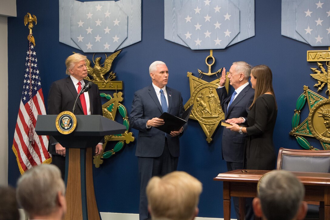 President Donald J. Trump swears in Jim Mattis as the 26th secretary of defense during a ceremony in the Hall of Heroes at the Pentagon, Jan. 27, 2017. DoD photo by Air Force Staff Sgt. Jette Carr