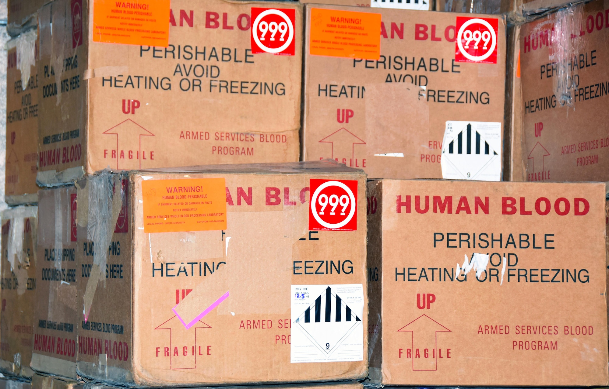 Blood shipping containers wait as Airmen with the 379th Expeditionary Medical Group blood transshipment center scan blood units to pack into the crates at Al Udeid Air Base, Qatar, Jan. 27, 2017. In one night, blood transshipment center Airmen will handle 30 to 300 blood units depending on mission requirements. (U.S. Air Force photo by Senior Airman Cynthia A. Innocenti)