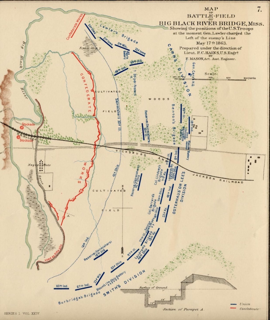 A map of the battlefield prepared by Union engineers shows Union and Confederate lines at the outset of the battle at the Big Black River Bridge, May 17, 1963. Destruction of the bridge across the river afforded Gen. Pemberton’s army to pull back to Vicksburg after their defeat.