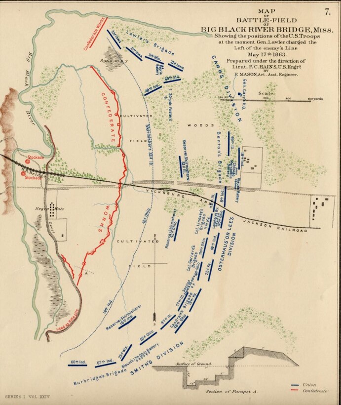 A map of the battlefield prepared by Union engineers shows Union and Confederate lines at the outset of the battle at the Big Black River Bridge, May 17, 1963. Destruction of the bridge across the river afforded Gen. Pemberton’s army to pull back to Vicksburg after their defeat.