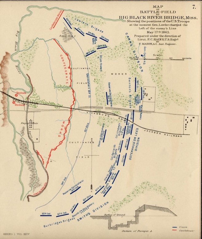 A map of the battlefield prepared by Union engineers shows Union and Confederate lines at the outset of the battle at the Big Black River Bridge, May 17, 1963. Destruction of the bridge across the river afforded Gen. Pemberton’s army to pull back to Vicksburg after their defeat.