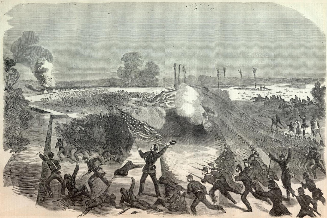 A woodcut from Harper’s Weekly (June 20, 1863 edition) shows the Union assault at the Battle of the Big Black River Bridge that drove the Confederate troops back to Vicksburg and deeply affected Gen. Pemberton’s morale.