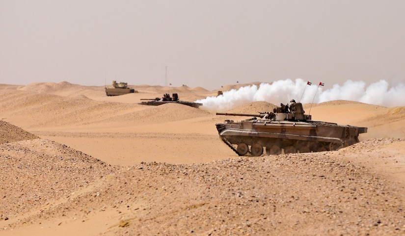 A United Arab Emirate Boyevaya Mashina Pekhoty moves across the desert to engage a simulated target during a joint exercise at Udairi range, Kuwait, Sept. 27, 2016. U.S. and UAE forces trained together during a multi-day exercise designed to test armored vehicle maneuver and reaction capabilities. (U.S. Army Photos by Sgt. Aaron Ellerman)