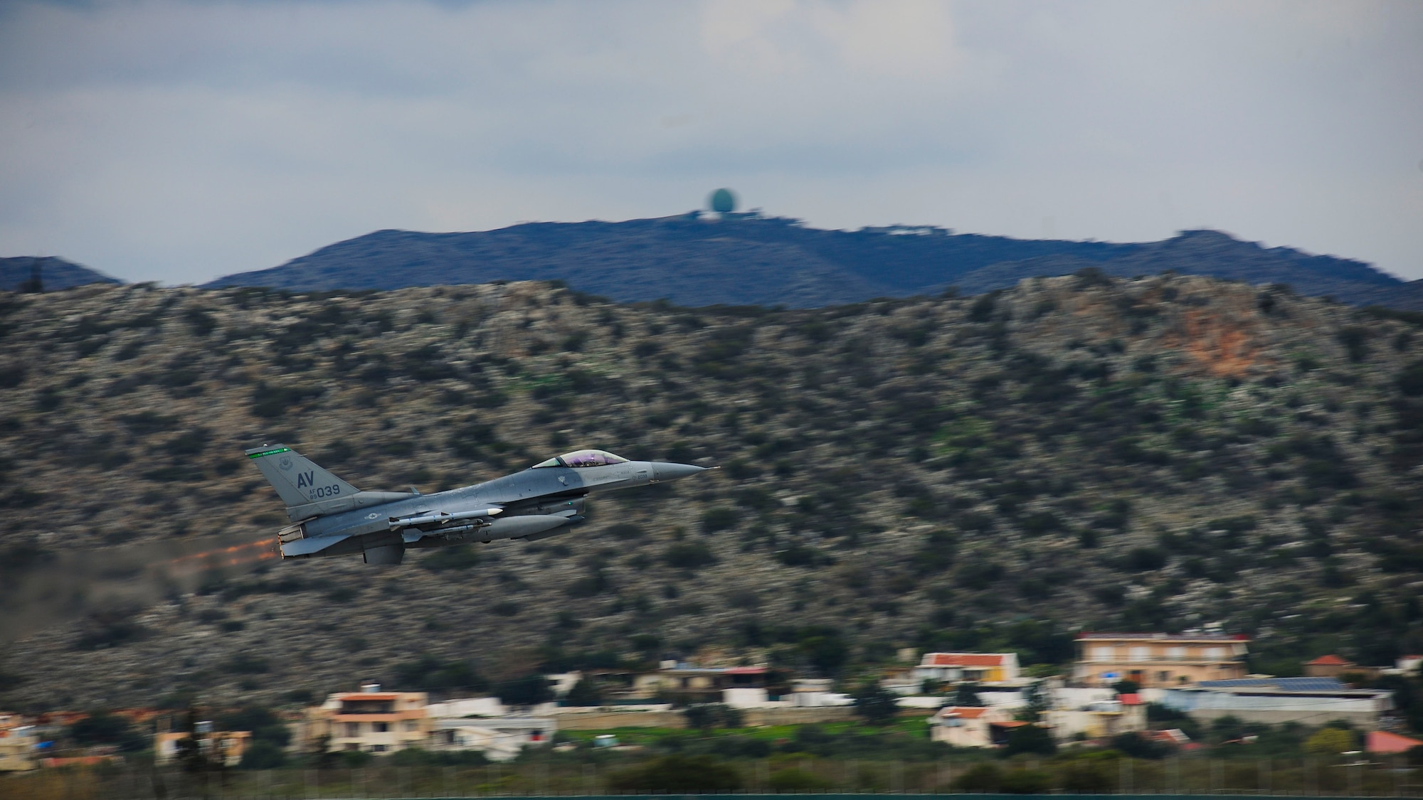 An F-16 Fighting Falcon from the 555th Fighter Squadron, Aviano Air Base, Italy takes off during a flying training deployment at Souda Bay, Greece on Jan. 23, 2016. The 555th FS and Arizona Air National Guard's 161st Air Refueling Wing are participating in the FTD, scheduled from Jan. 20 to Feb. 3. The FTD was hosted to evaluate aircraft and personnel capabilities and increase interoperability between the two NATO allies. (U.S. Air Force photo by Staff Sgt. Austin Harvill)