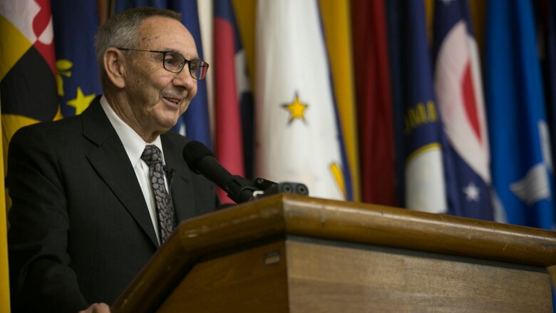 Retired Lt. Col. Frederick Grant addresses guests during his retirement ceremony, at the Camp Courtney Theater, Okinawa, Japan, Jan. 27, 2017, after 54 years of continuous service to the Marine Corps. Grant served as the director of the Tactical Exercise Control Group, III Marine Expeditionary Force, after 38 years of service as an enlisted Marine and officer. Grant, from Emporia, Virginia, enlisted Oct. 2, 1963, and served as an infantryman in Vietnam in addition to various other enlisted and officer billets. (U.S. Marine Corps photo by Lance Cpl. Bernadette Wildes/released)