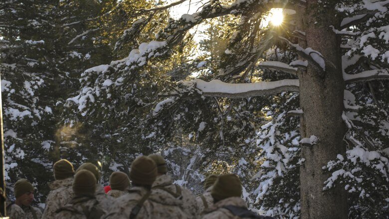 Marines with 2nd Battalion, 2nd Marine Regiment, gather around an instructor before a hike during Mountain Training Exercise 1-17 in the Marine Corps Mountain Warfare Training Center Bridgeport, Calif., training area Jan. 17, 2016. MCMWTC is one of the Marine Corps’ most secluded posts, comprised of approximately 46,000 acres of terrain with elevations ranging from 5,000 to 11,000 feet. The exercise trains elements of the Marine air-ground task force across the warfighting functions for operations in mountainous, high-altitude and cold-weather environments in order to enhance a unit’s ability to shoot, move, communicate, sustain and survive in the most rugged regions of the world. 