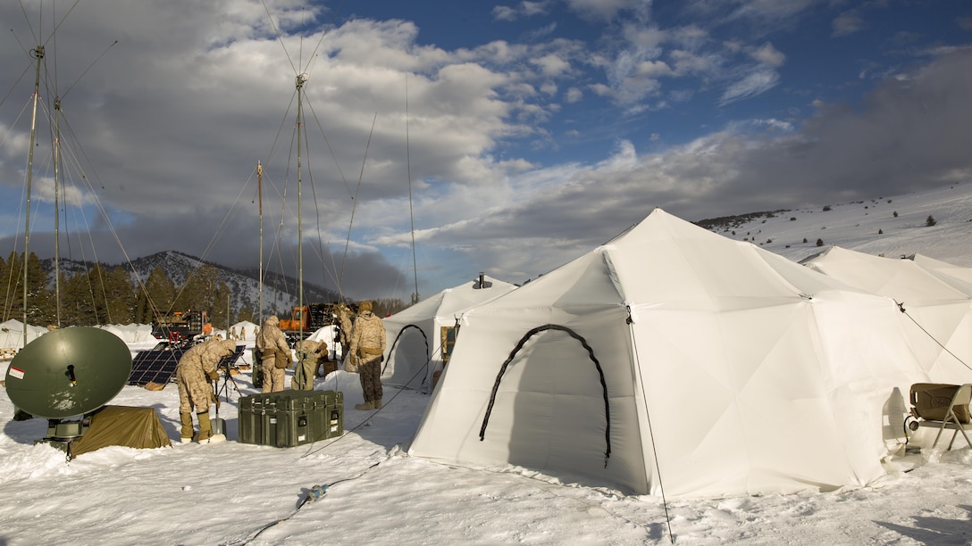 Marines with 2nd Battalion, 2nd Marine Regiment, set up communication equipment in a tent city located in the Grouse Meadows training area during Mountain Training Exercise 1-17 in the vicinity of the Marine Corps Mountain Warfare Training Center Bridgeport, Calif., Jan, 18, 2016. MCMWTC is one of the Marine Corps’ most secluded posts, comprised of approximately 46,000 acres of terrain with elevations ranging from 5,000 to 11,000 feet. During this iteration of MTX, the inclusion of the Artic Tent, designed to house up to 15 personnel, enabled the “Warlords” to be truly immersed in the frigid landscape throughout the full duration of the training.