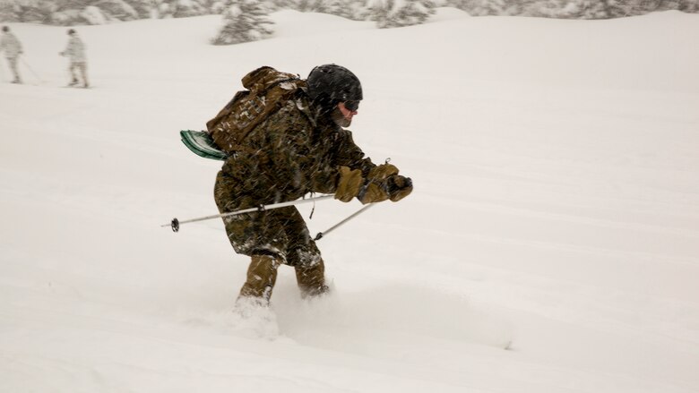 A Marine with 2nd Battalion, 2nd Marine Regiment, practices downhill skiing during Mountain Training Exercise 1-17 in the Marine Corps Mountain Warfare Training Center Bridgeport, Calif., training area Jan. 19, 2016. MCMWTC is one of the Marine Corps’ most secluded posts, comprised of approximately 46,000 acres of terrain with elevations ranging from 5,000 to 11,000 feet. The exercise trains elements of the Marine air-ground task force across the warfighting functions for operations in mountainous, high-altitude and cold-weather environments in order to enhance a unit’s ability to shoot, move, communicate, sustain and survive in the most rugged regions of the world.