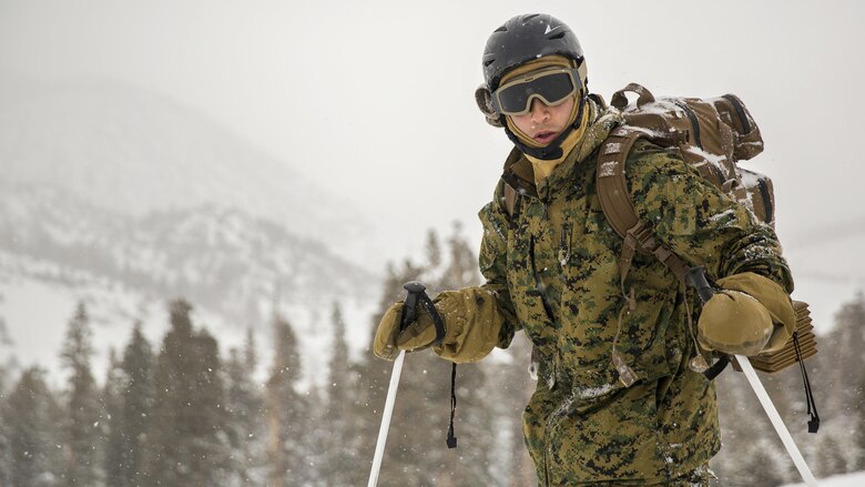 1st Lt. Christian Lara, platoon commander, 2nd Battalion, 2nd Marine Regiment, makes his way uphill while working on skiing techniques at Mountain Training Exercise 1-17 in the Marine Corps Mountain Warfare Training Center Bridgeport, Calif., training area Jan. 19, 2016. MCMWTC is one of the Marine Corps’ most secluded posts, comprised of approximately 46,000 acres of terrain with elevations ranging from 5,000 to 11,000 feet. The exercise trains elements of the Marine air-ground task force across the warfighting functions for operations in mountainous, high-altitude and cold-weather environments in order to enhance a unit’s ability to shoot, move, communicate, sustain and survive in the most rugged regions of the world. 