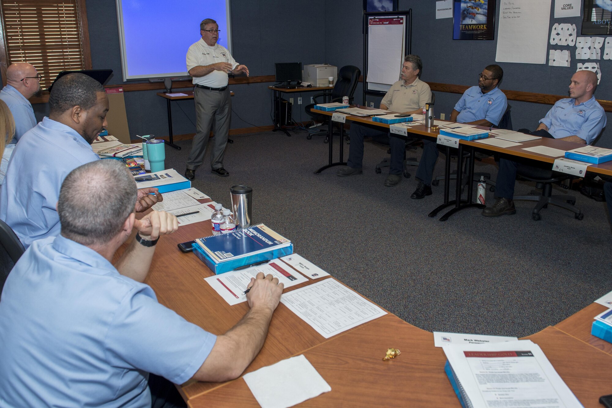 Brian Hall, 12th Maintenance Group operations division chief, discusses leadership principals with members of the 12th MXG Jan. 25, 2017, at Joint Base San Antonio-Randolph. The 12th MXG maintains T-38C Talons, T-1 Jayhawks and T-6 Texans for the 12th Flying Training Wing. (U.S. Air Force photo by Senior Airman Stormy Archer)