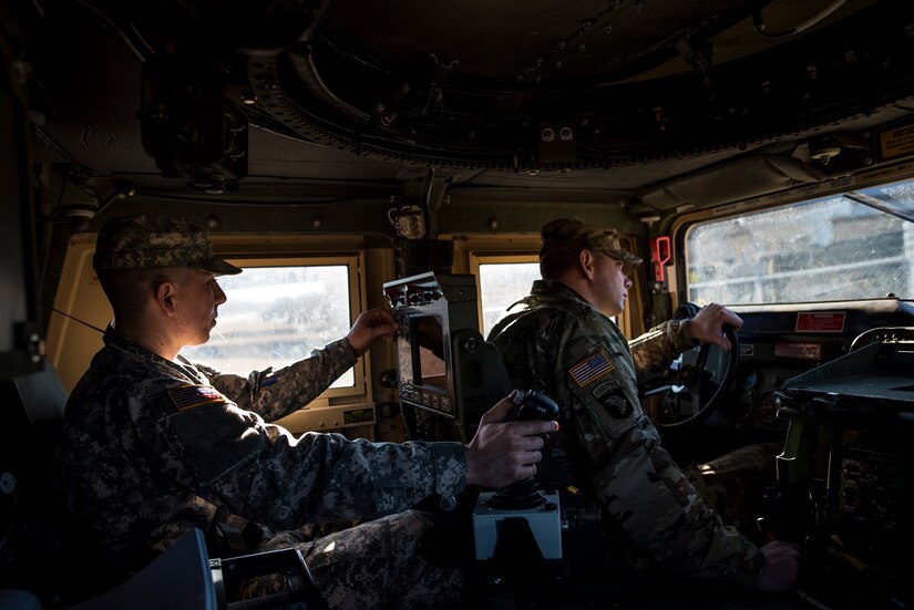 U.S. Army Reserve military police and chemical Soldiers take a test drive to use a Common Remotely Operated Weapon Station (CROWS) mounted on a High Mobility Multipurpose Wheeled Vehicle, at Fort Chaffee, Arkansas, Jan. 26. The CROWS is a remote-controlled system compatible with four major crew-serve weapons, and it was developed to keep gunners safe within the vehicle while engaging enemy targets. (U.S. Army Reserve photo by Master Sgt. Michel Sauret)