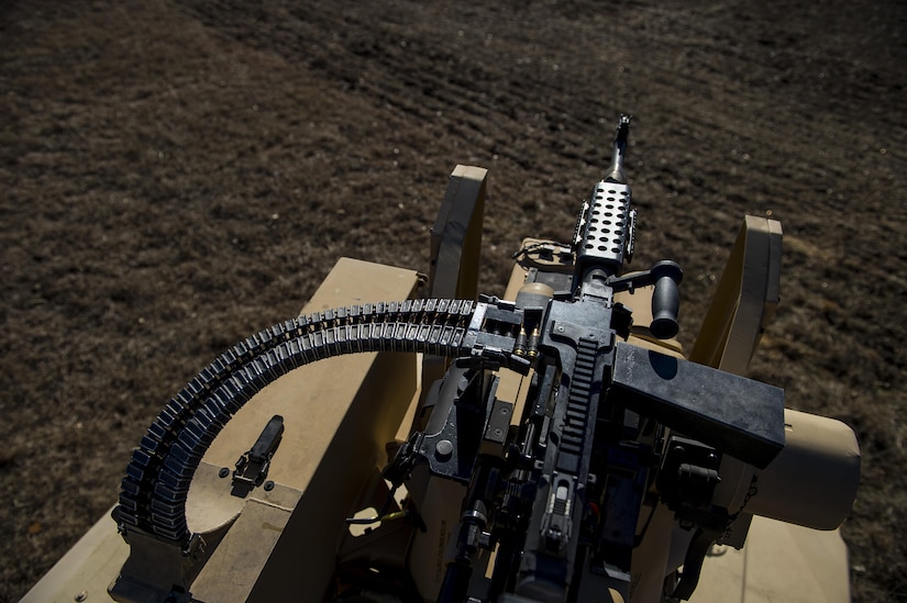 An M240B machine gun is mounted to a Common Remotely Operated Weapon Station (CROWS) during a fielding to U.S. Army Reserve units at Fort Chaffee, Arkansas, Jan. 27, as part of a four-part fielding process intended to field CROWS to more than 25 Army Reserve units this fiscal year. The CROWS is a remote-controlled system compatible with four major crew-serve weapons, and it was developed to keep gunners safe within the vehicle while engaging enemy targets. (U.S. Army Reserve photo by Master Sgt. Michel Sauret)