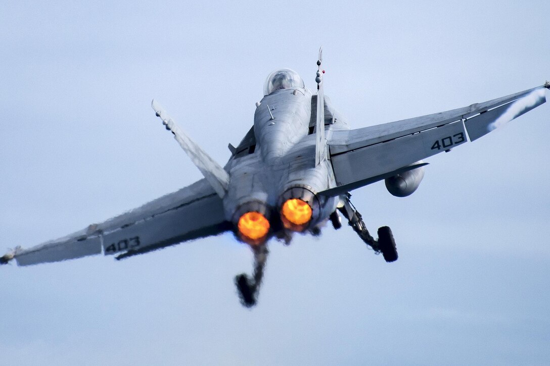 An F/A-18C Hornet pilot departs the aircraft carrier USS Carl Vinson in the Pacific Ocean, Jan. 25, 2017. The pilot and aircraft are assigned to Strike Fighter Squadron 34. Navy photo by Petty Officer 2nd Class Sean M. Castellano
