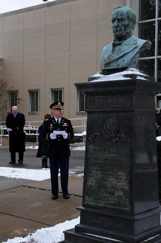 Chaplain (Maj.) Scott Hagen, the deputy command chaplain for the 88th Regional Support Command, delivers the welcome prayer for the President William McKinley wreath-laying ceremony at the site of his Canton, Ohio, library and museum, Jan. 28, 2017.