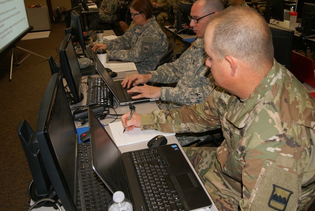 Sgt. 1st Class Matthew Highsmith takes detailed notes in the 80th Training Command's first Quality Assurance Officer course held at Grand Prairie, Texas, Jan. 24, 2017.