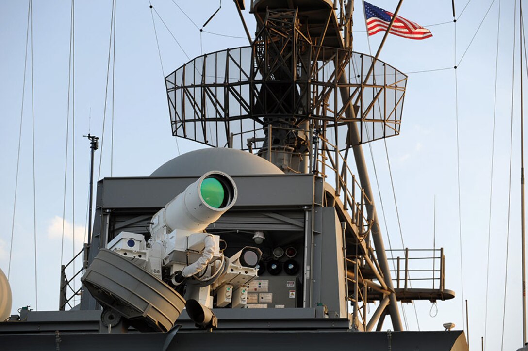 Afloat Forward Staging Base (Interim) USS Ponce conducts operational demonstration of Office of Naval Research–sponsored Laser Weapon System while deployed to Arabian Gulf, November 15, 2014.