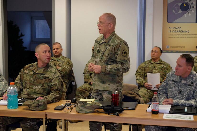 KAISERSLAUTERN, Germany — Command Sgt. Maj. Michael McGregor, 361st Civil Affairs Brigade senior enlisted leader, introduces himself to senior enlisted leaders and noncommissioned officers, Jan. 23, 2017 during the 7th MSC’s senior enlisted leadership forum.